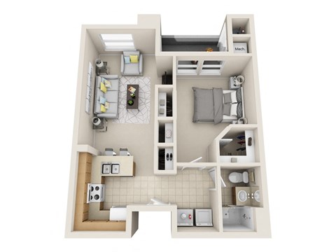 Floor plan for 1 bed, 1 bath, 823 sqft